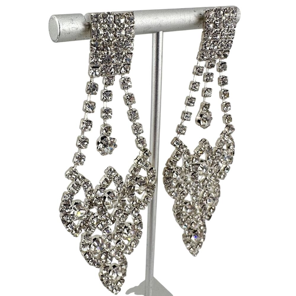 Vintage Style Glass Rhinestone Bridal Silver Tone  3.25” Waterfall Earrings